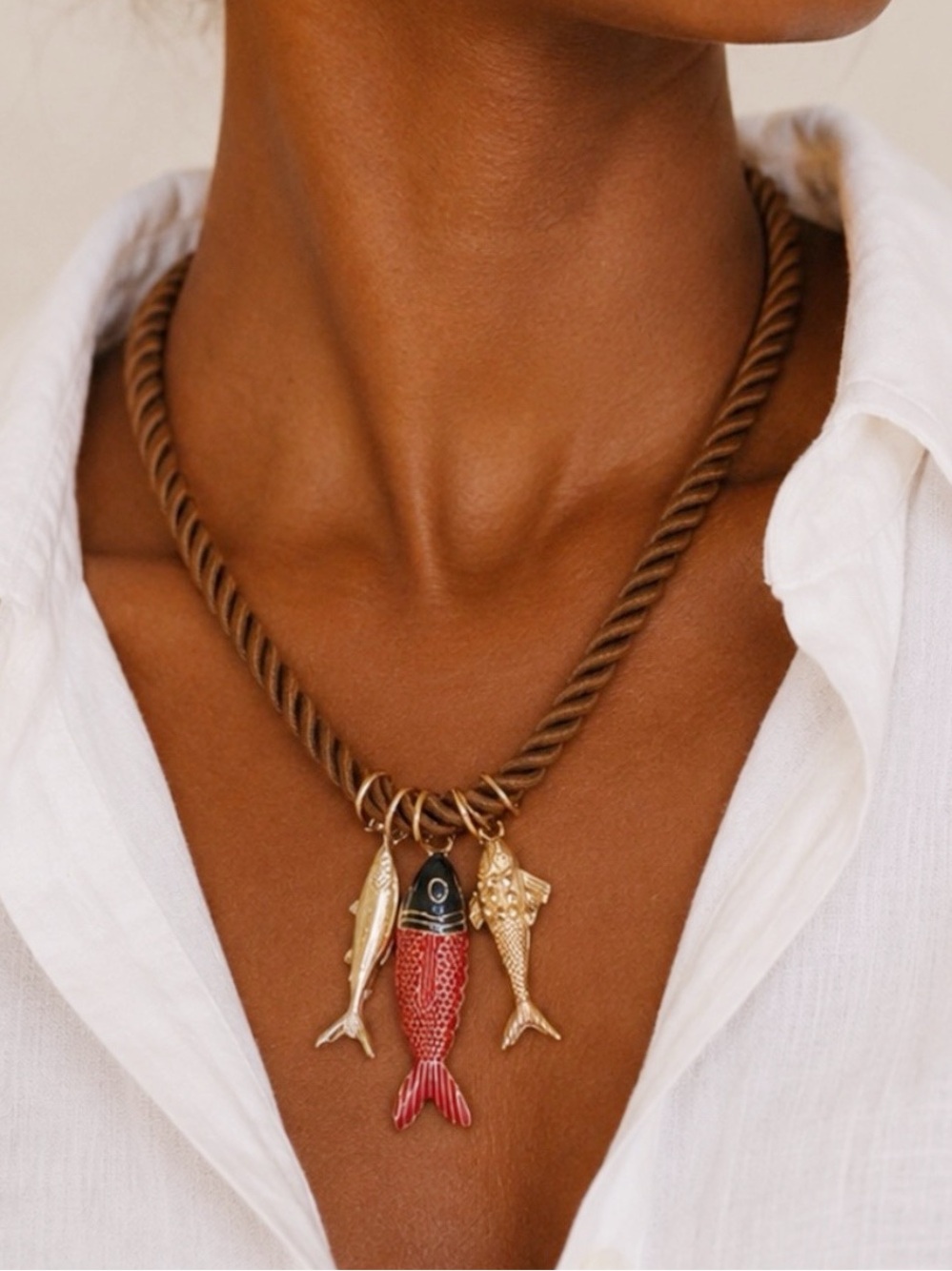 { nwot } Rope Necklace with Enamel Fish Charms